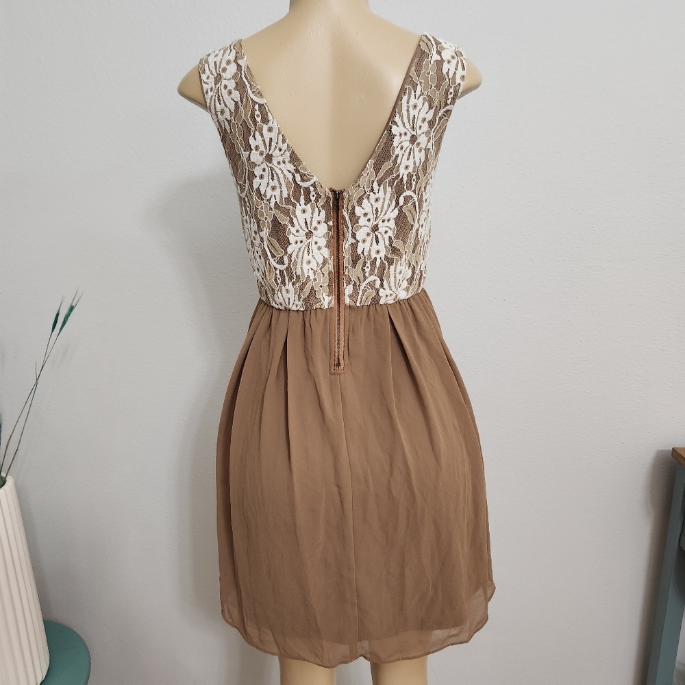Elegant Lace Overlay Dress - Cream and Brown - Picture 2 of 7